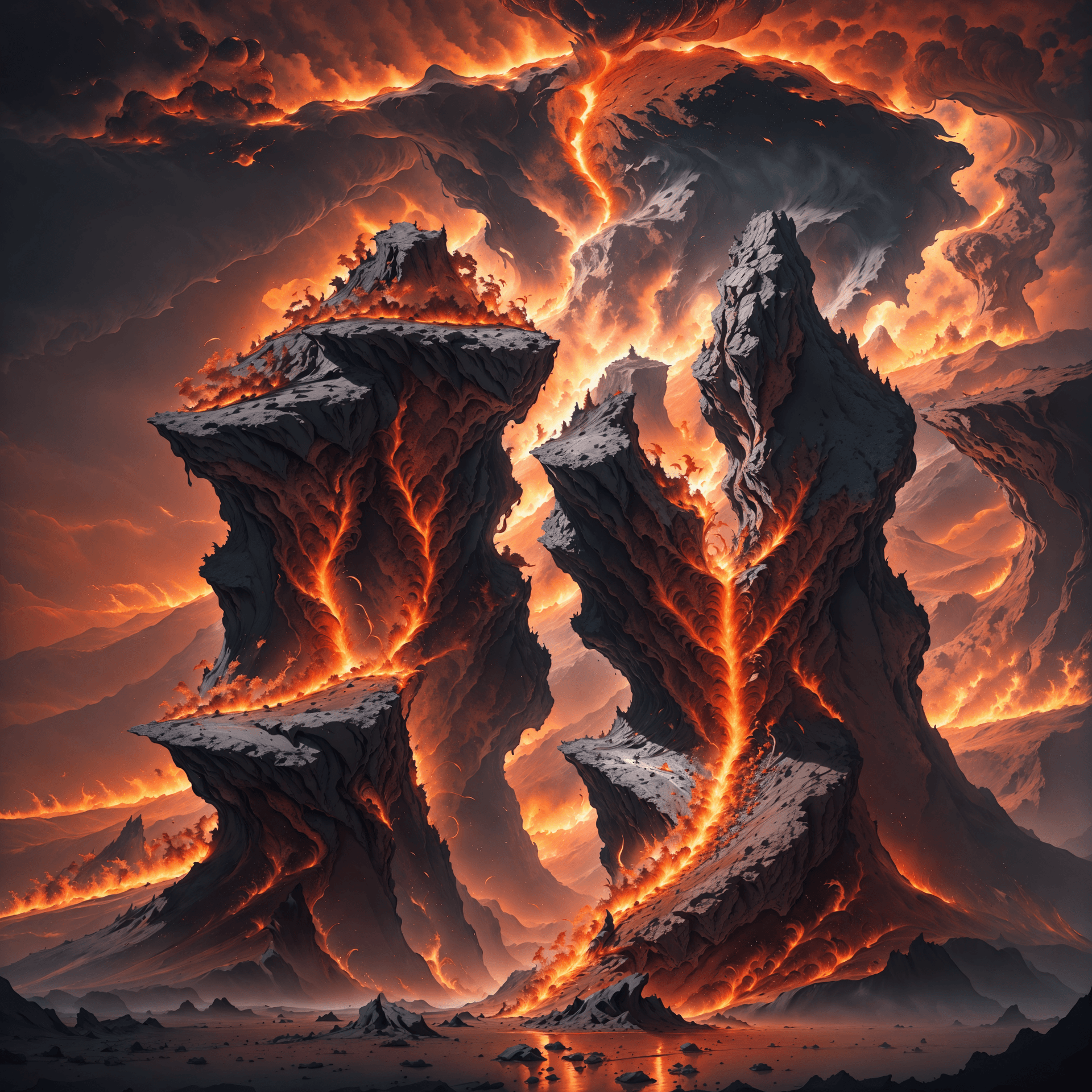 AI generated: A world of volcanic rock and fiery landscapes, with towering jagged cliffs and molten rivers glowing...