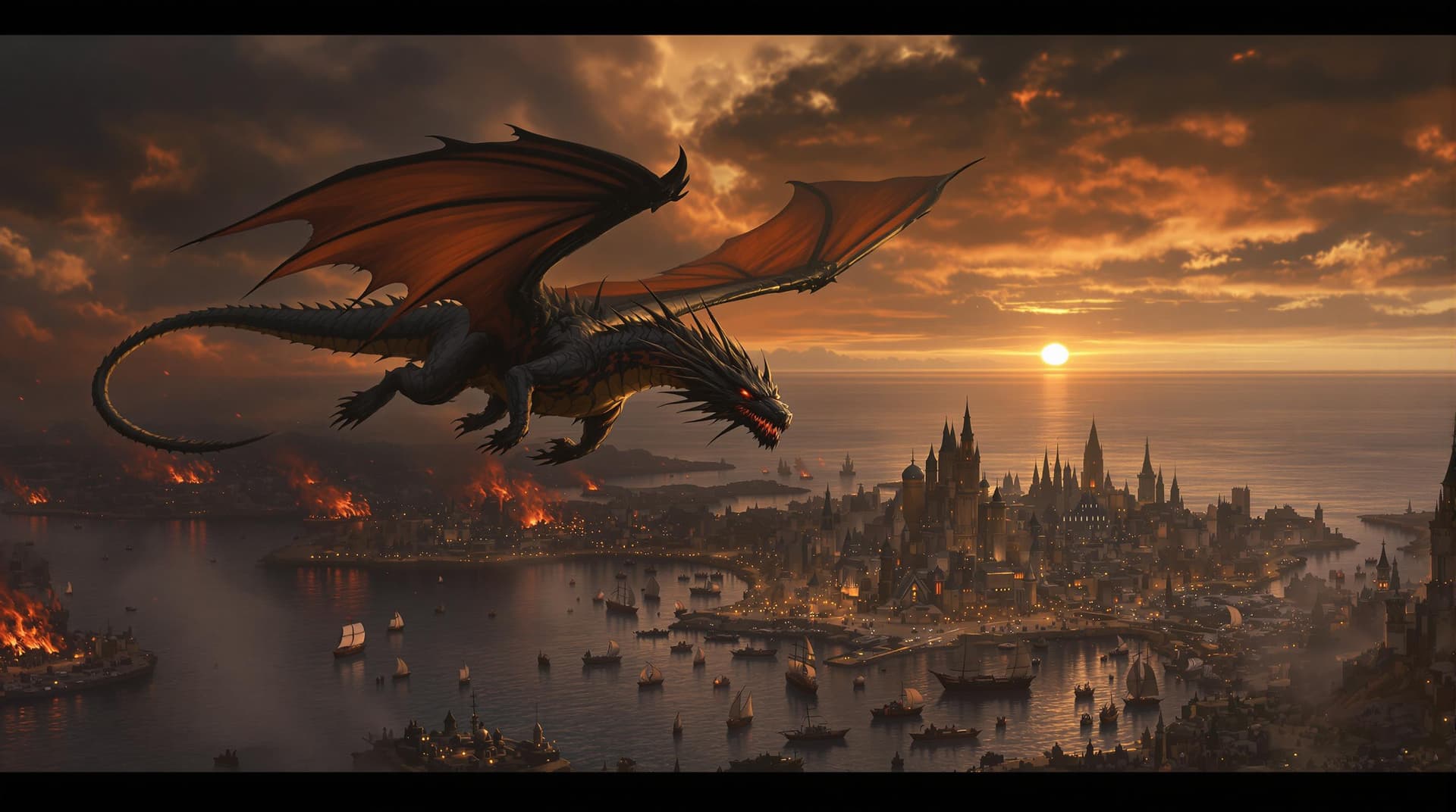 AI generated: a fantastical scene of a dragon flying over a city on the water, with a fiery sky and a large body o...