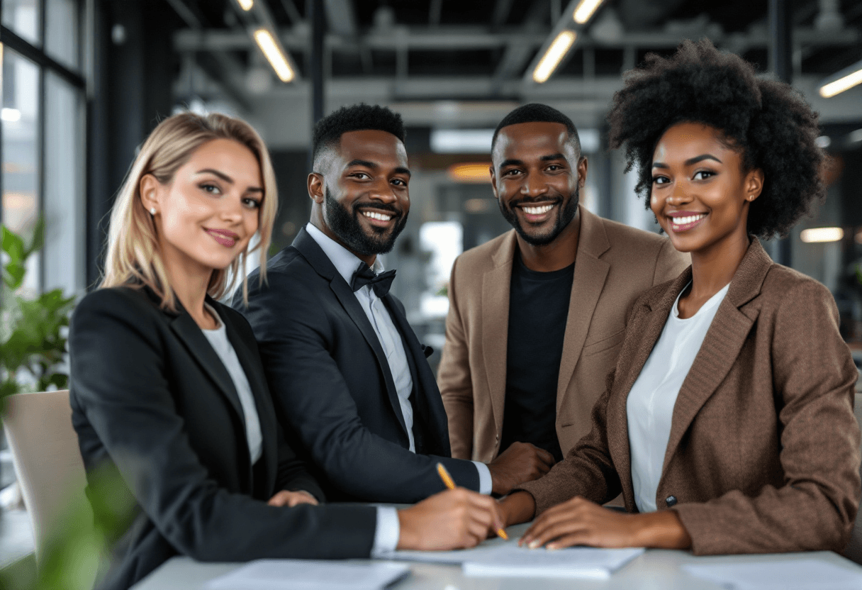 AI generated: generate a realistic looking image of a white female, a black male, a hispanic man and a black femal...