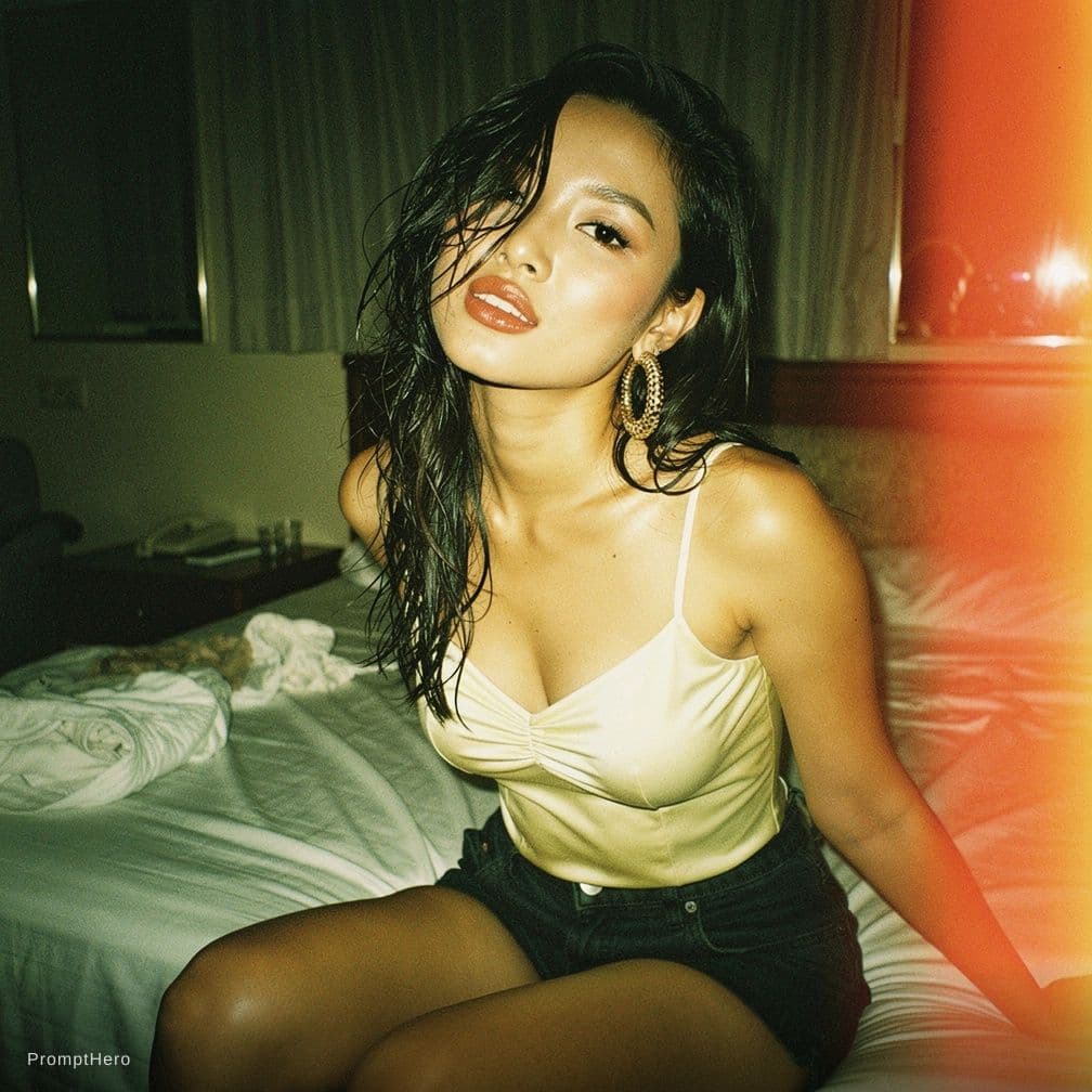 AI generated: legs open wide, mini crop top, on the bed, top view, half-naked, topless, inside motel room, wet hai...