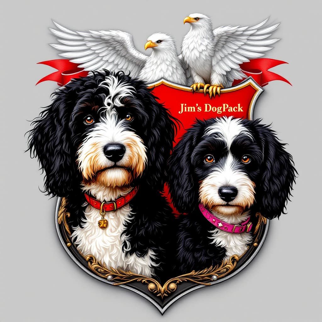 AI generated: magina photorealistic photo. coat of arms shield. on the shield writing in gold "Jim's DogPack". on ...