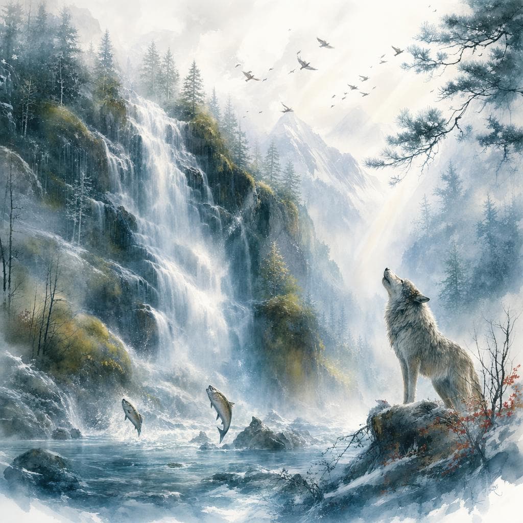 AI generated: Airbrushed watercolor painting, serene winter landscape, majestic waterfall, delicate lace-like pine...