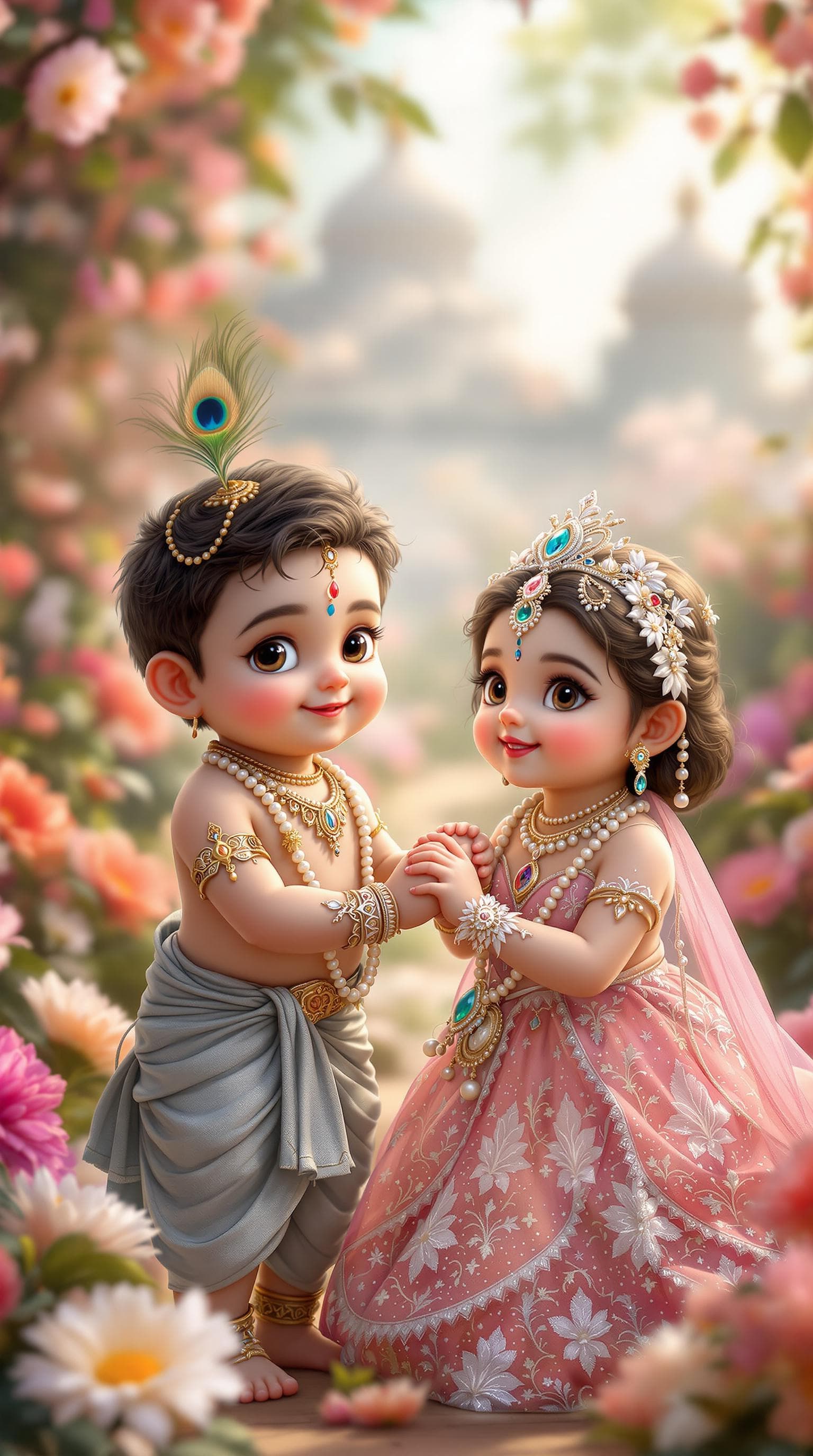 AI generated: "A hyper-realistic, ultra-HD 8K digital painting of baby Krishna and baby Radha in a beautifully dec...