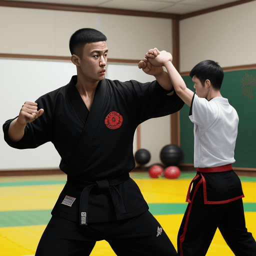 AI generated: A teacher man teaching martial art in the gym in the championship
