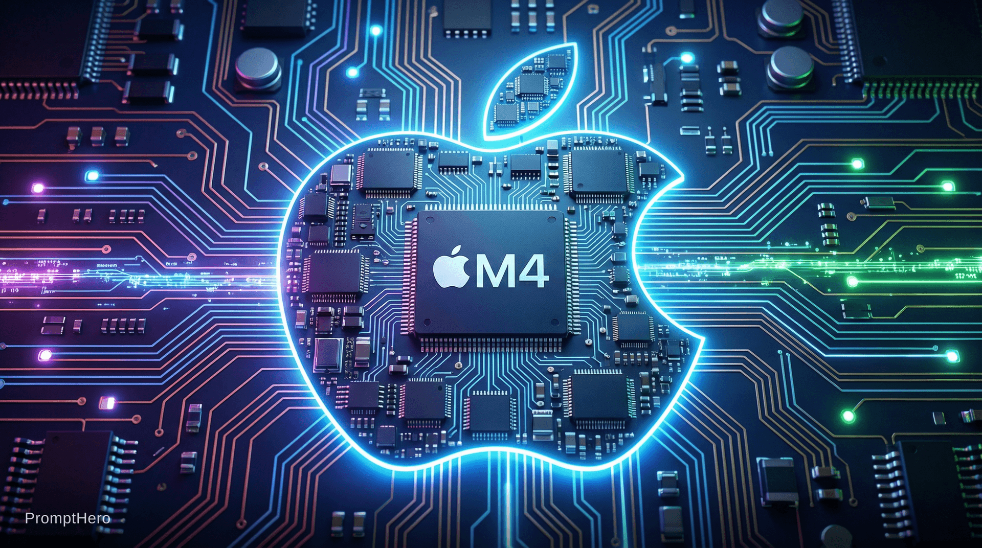 AI generated: the apple logo made from computer chips on a motherboard with circuits flowing into the logo, the ma...