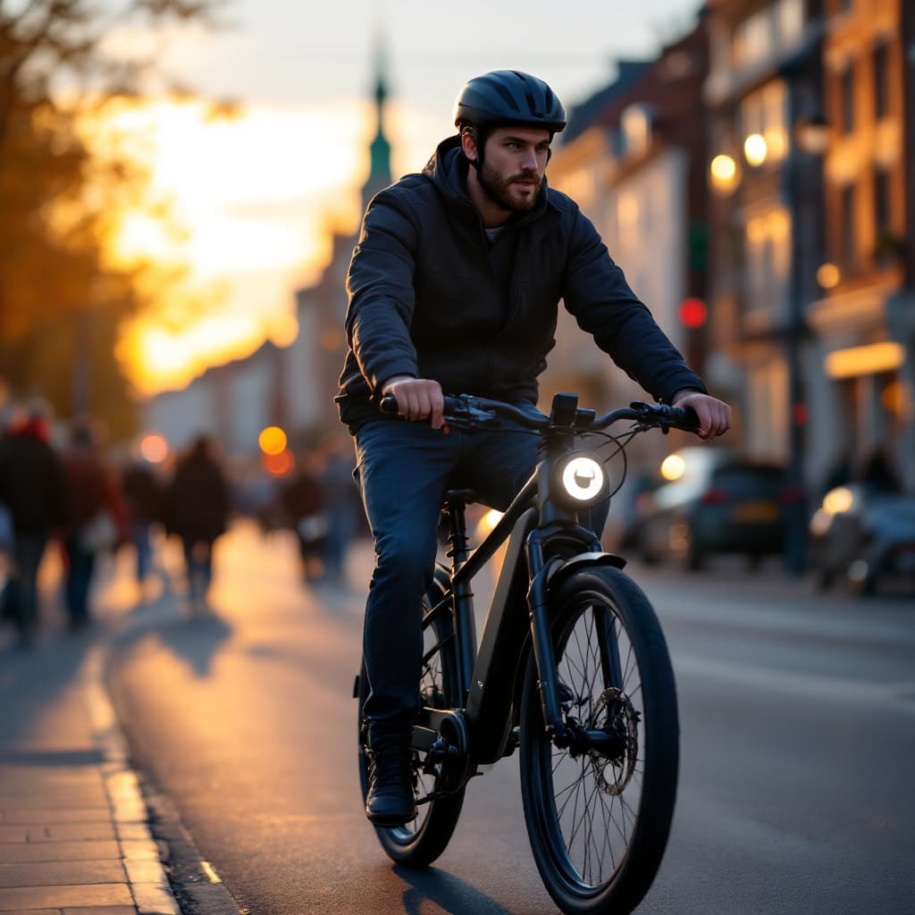 AI generated: Create an image of a guy riding a e-bike of the brand kalkhoff. the guy rides on a crowed street in ...