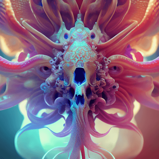 AI generated: Goddess close-up portrait ribcagel. jellyfish phoenix head, nautilus, orchid, skull, betta fish, bio...