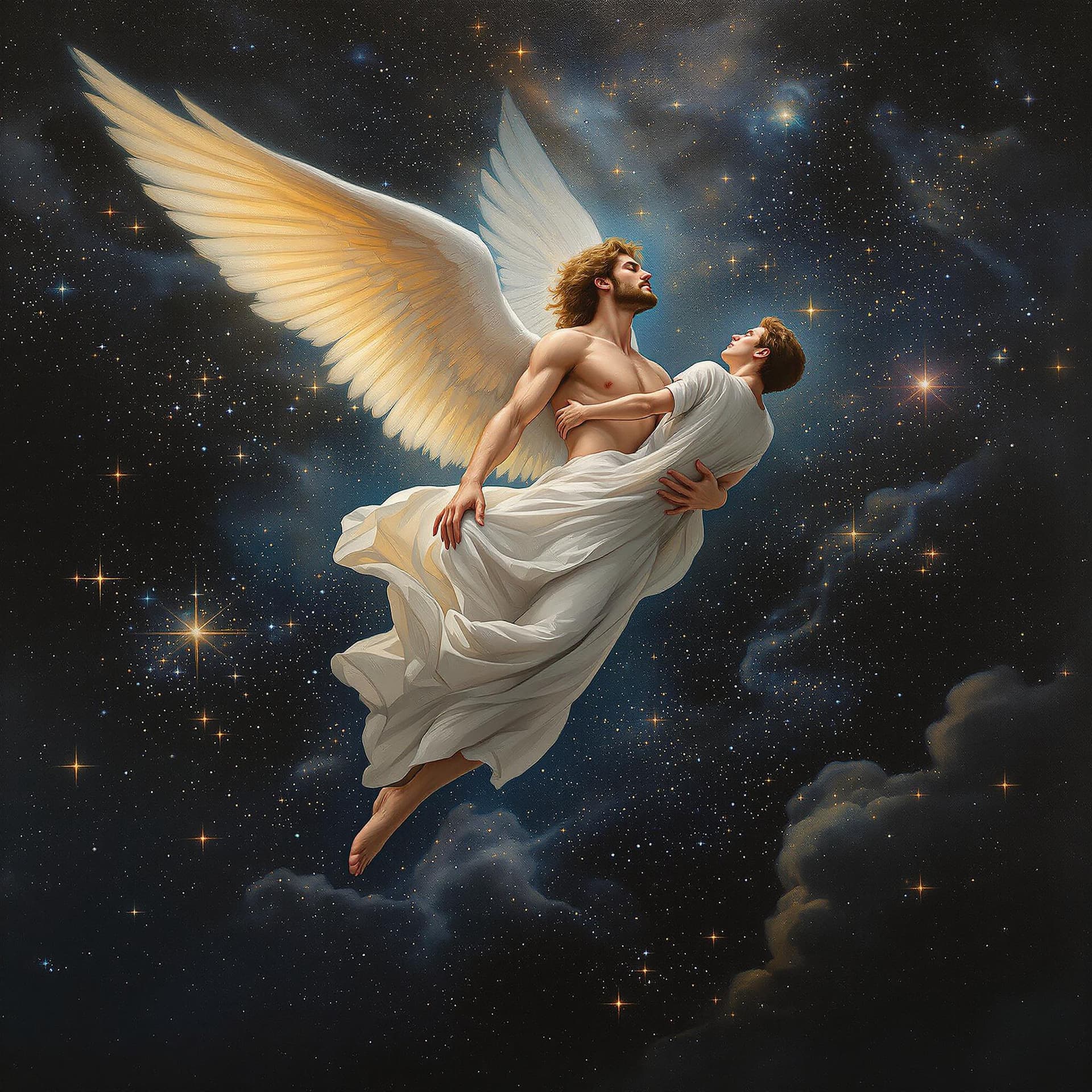 AI generated: An artist's oil painting of a masculine male, a strong angel, light brown hair, flying away with his...