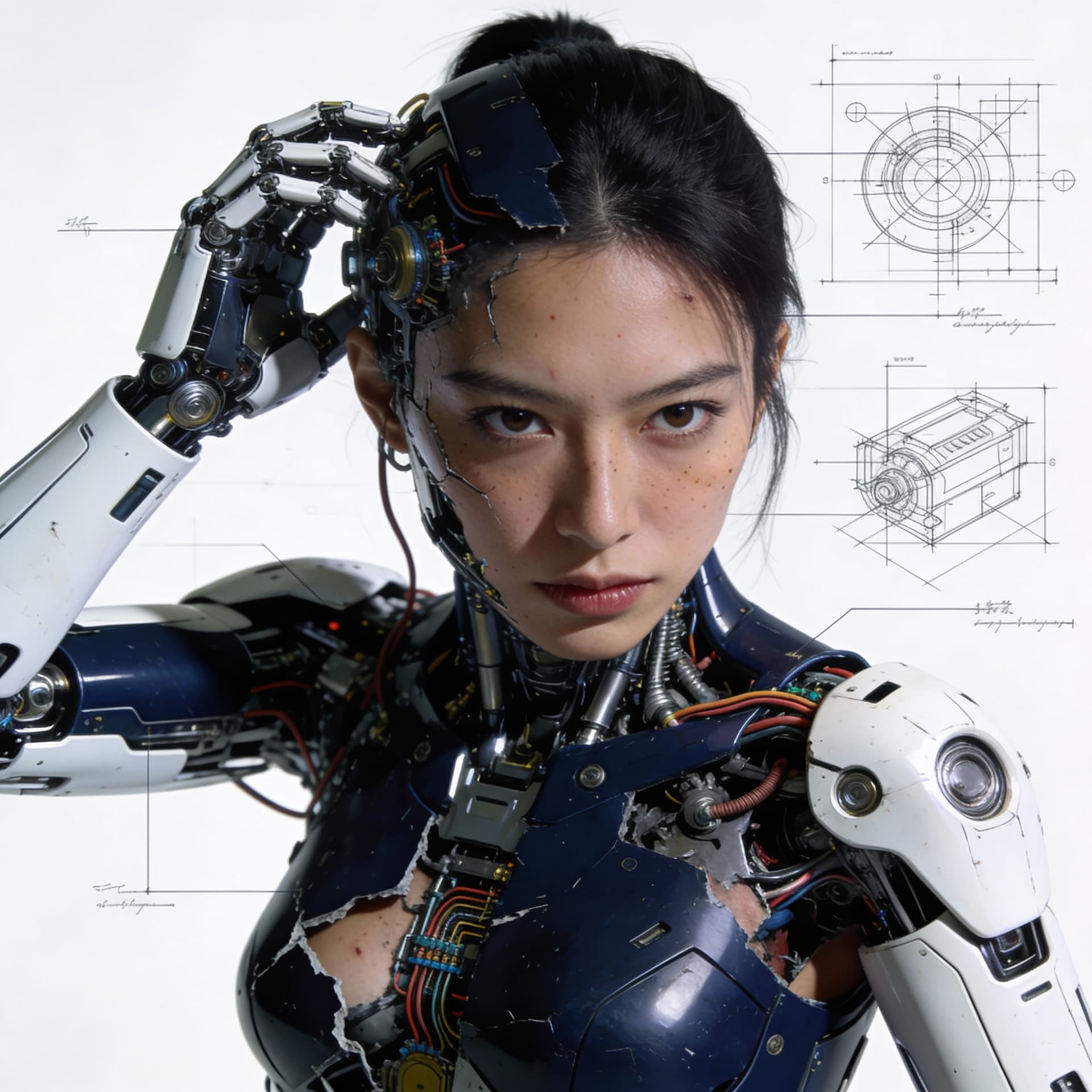 AI generated: Ultra-detailed cinematic portrait of a Hong Kong female cyborg , navy and white metallic limbs parti...