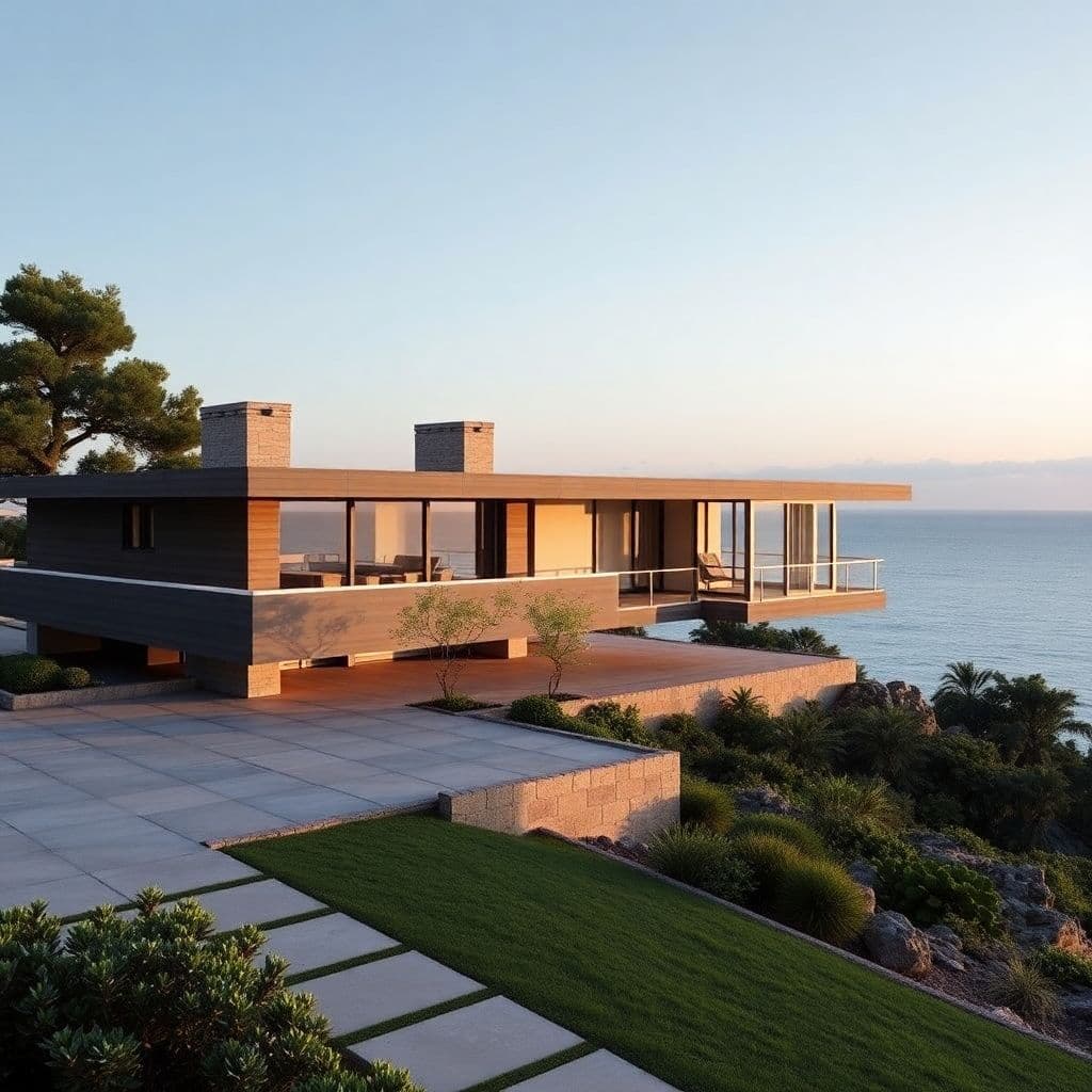 AI generated: Hyper realistic eye level exterior photo of a mid century modern style house overlooking the ocean, ...
