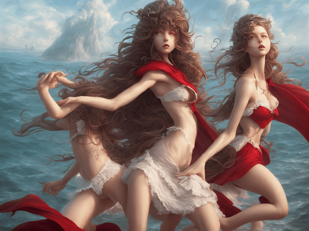 AI generated: Red riding hood, key visual of a full body shot of a woman wearing beach attire, big wig, , iris van...