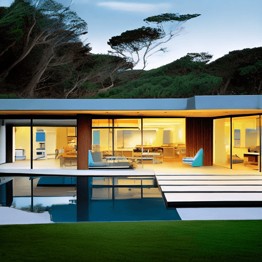 AI generated: Hyperrealistic eye-level exterior photo of a mid-century modern-style house overlooking the ocean, i...