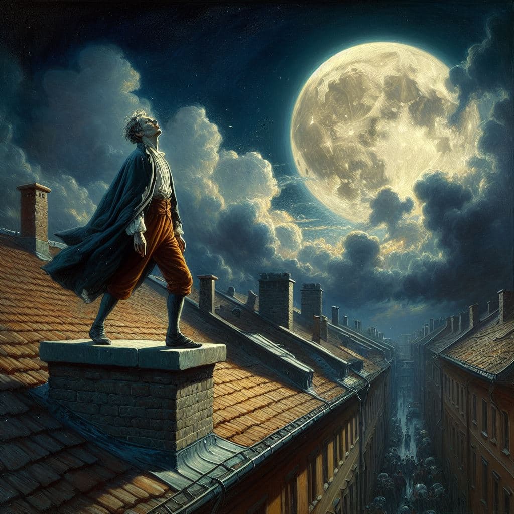 AI generated: A sleepwalker on the roof at full moon, masterpiece, dramatic, epic painting in the style of Caspar ...