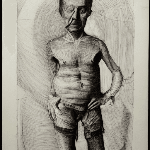 AI generated: white background, drypoint engraving scribble, bizarre drawing, bizarre design, man who runs on four...