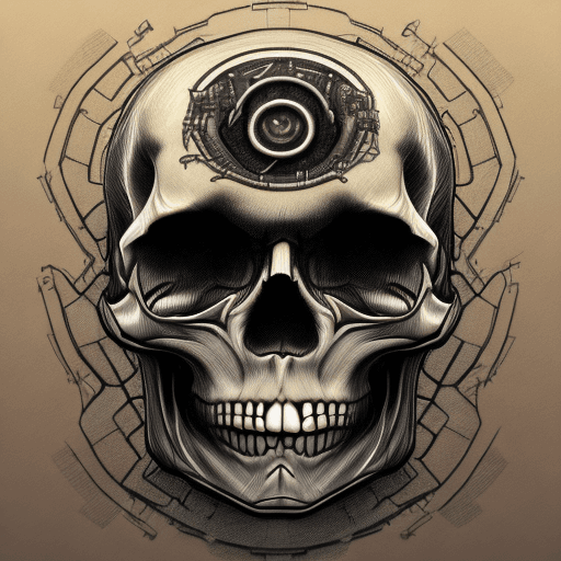 AI generated: pencil drawing, human skull small silicon circuit on top, front lighting, detailed shadows, left top...