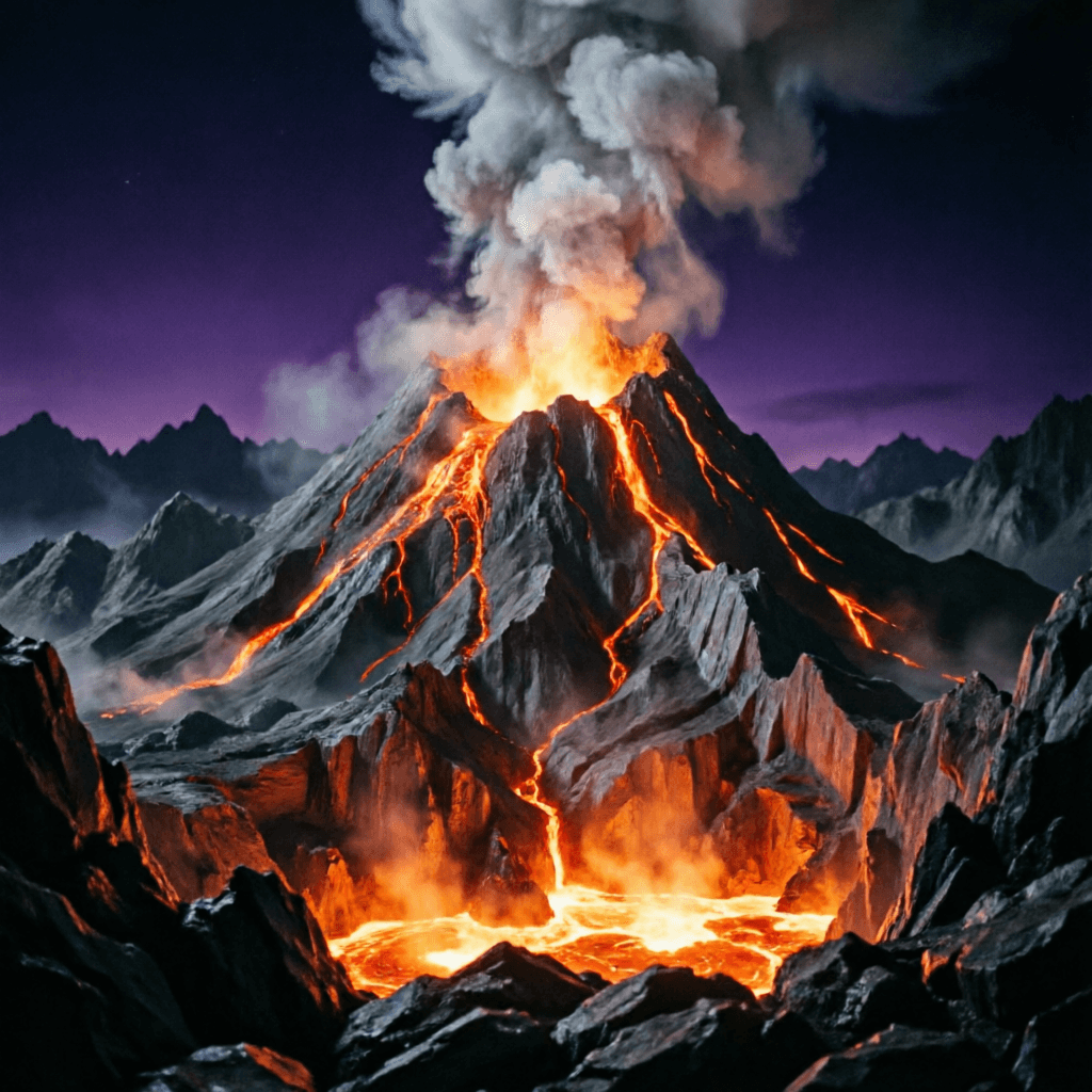 AI generated: Dark fantasy volcano landscape, vertical portrait orientation. Towering volcanic mountain with jagge...