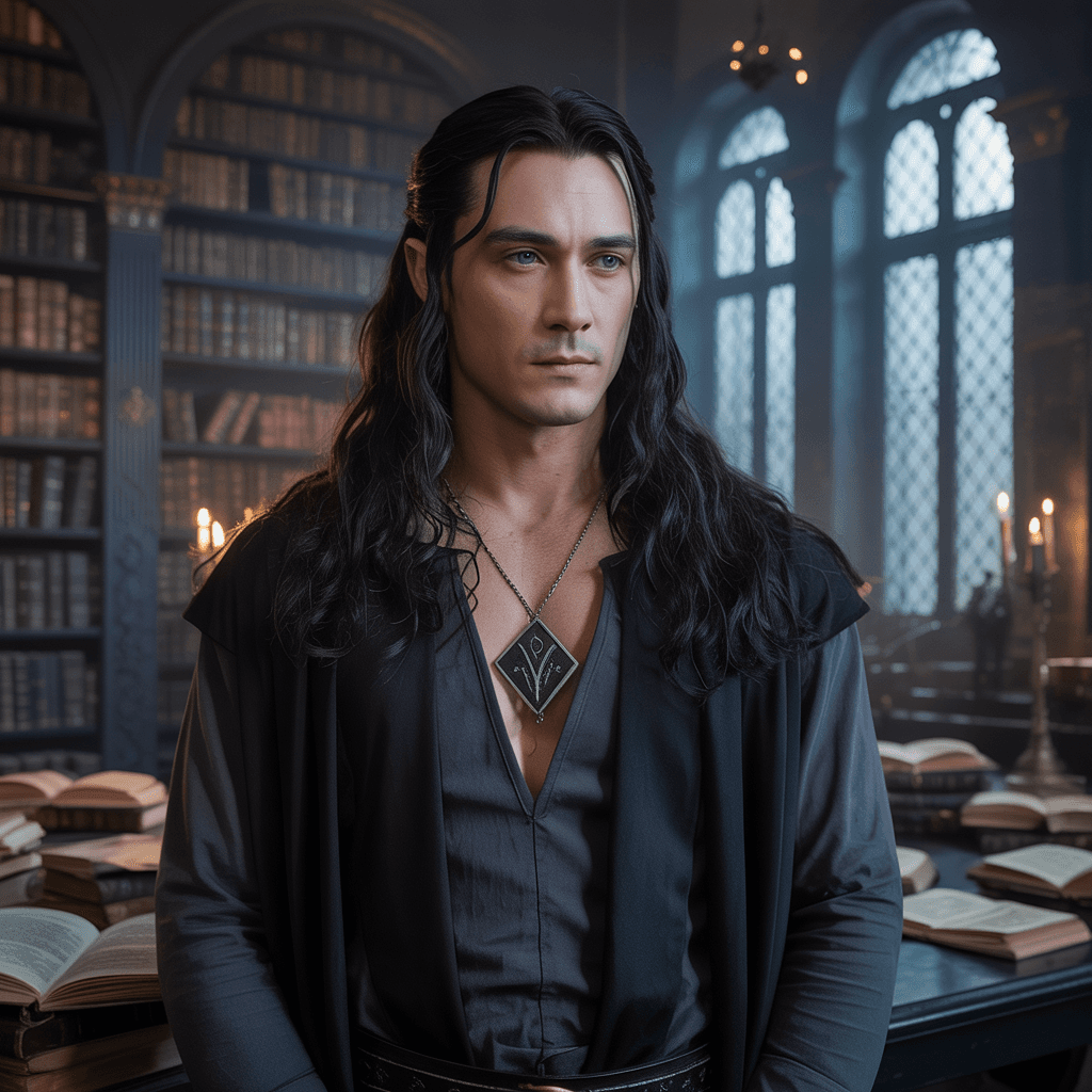 AI generated: create a fictional hero from acotar - Rhysand. He should be black haired with violet sad eyes.