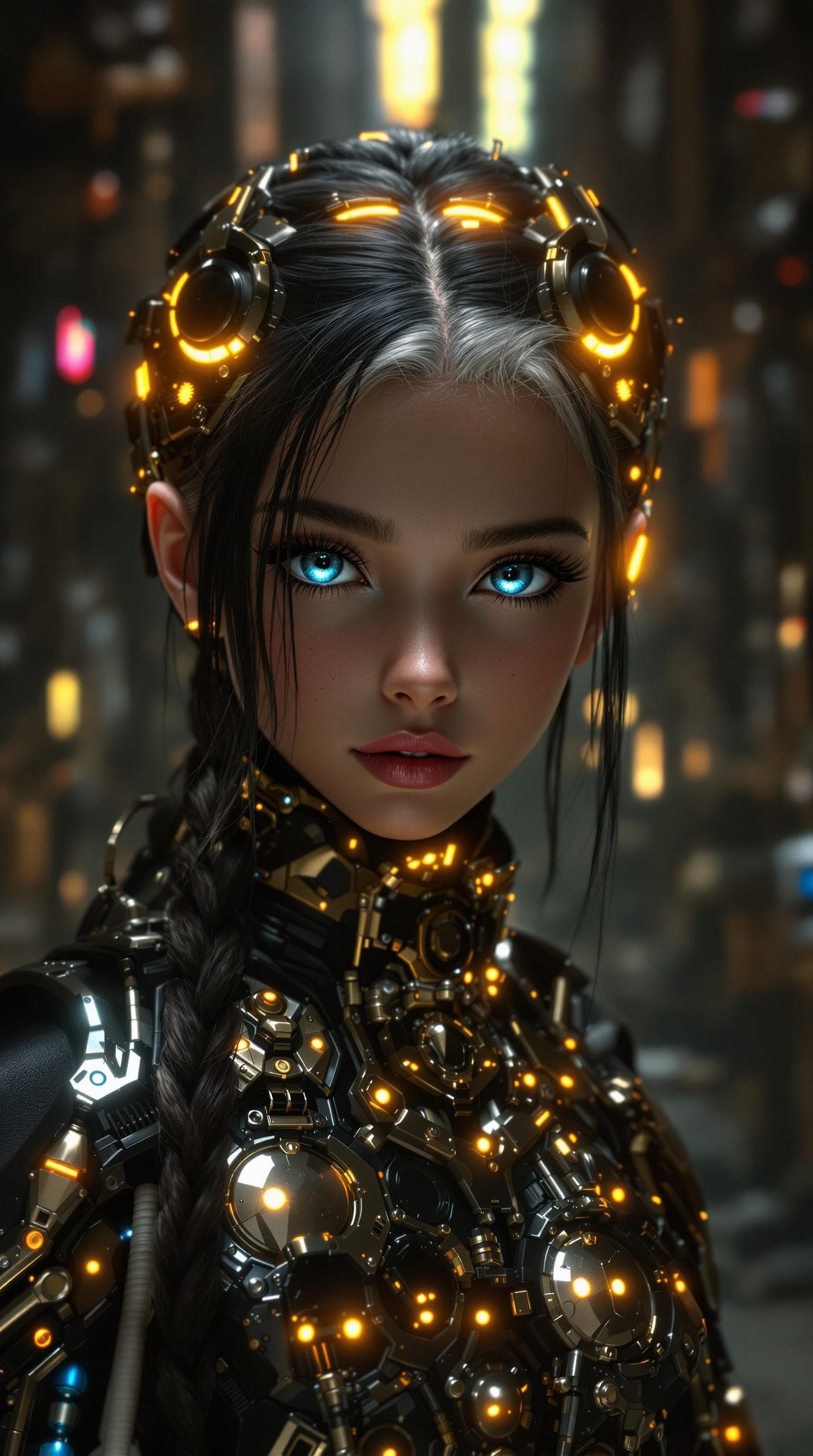 AI generated: djrny-v4 style, a professional photo realistic photo, of the most beautiful steampunk android girl (...