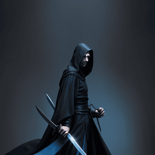 AI generated: european swordsman with black robe and about 1,70 and two swords, one dark and one blue
