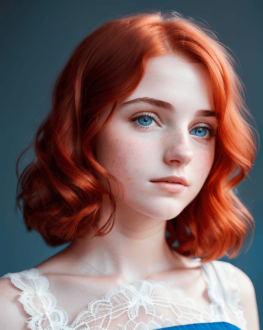 AI generated: ( beautiful redheaded girl 20 years old, in the center of the frame),loose shoulder-length hair,(cut...