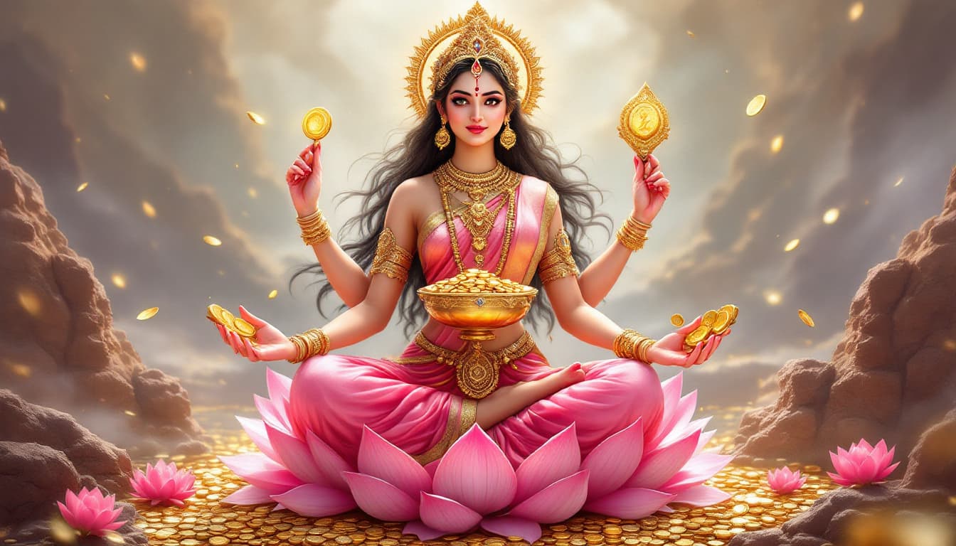 AI generated: A beautiful Laksmi goddess in a pink sari,4 arms,holding golden pot with coins and lotus buds,sits o...