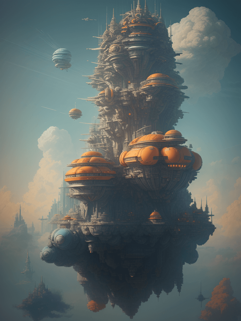 AI generated: scifi flying building floating in the sky, in the style of meticulous photorealistic still lifes, cl...