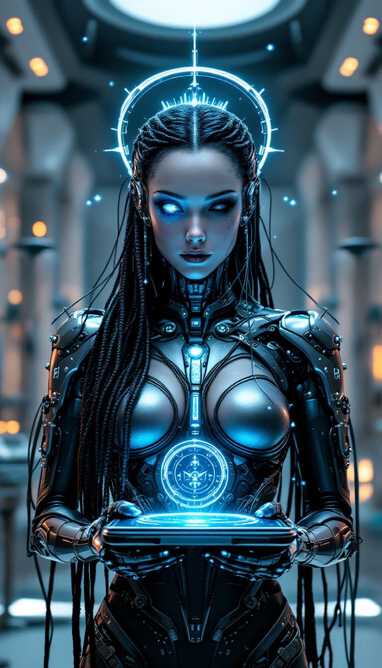 AI generated: An ultra-realistic, full-body static vision of a cyborg priestess woman, radiating a sense of eerie ...