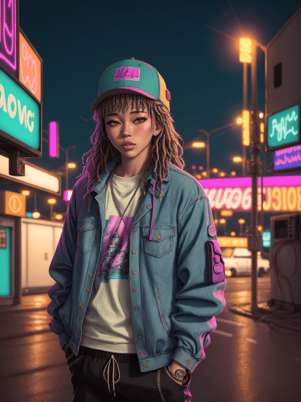 AI generated: lofi hiphop vaporwave late night highway vibe photoreal intricate detail