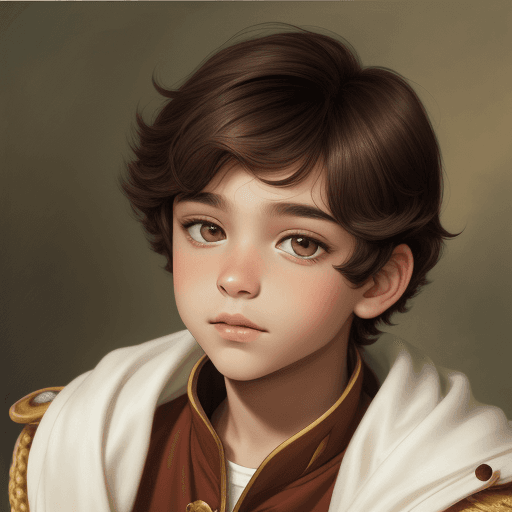 AI generated: young prince with dark hair and hazel brown eyes