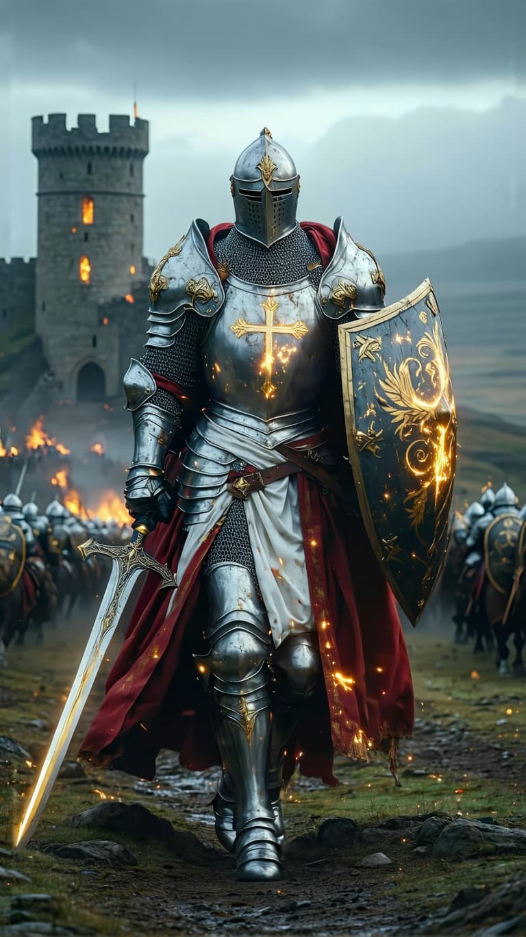 AI generated: An ultra-realistic, wide angle, front facing, full-body portrait of a noble Paladin in gleaming silv...