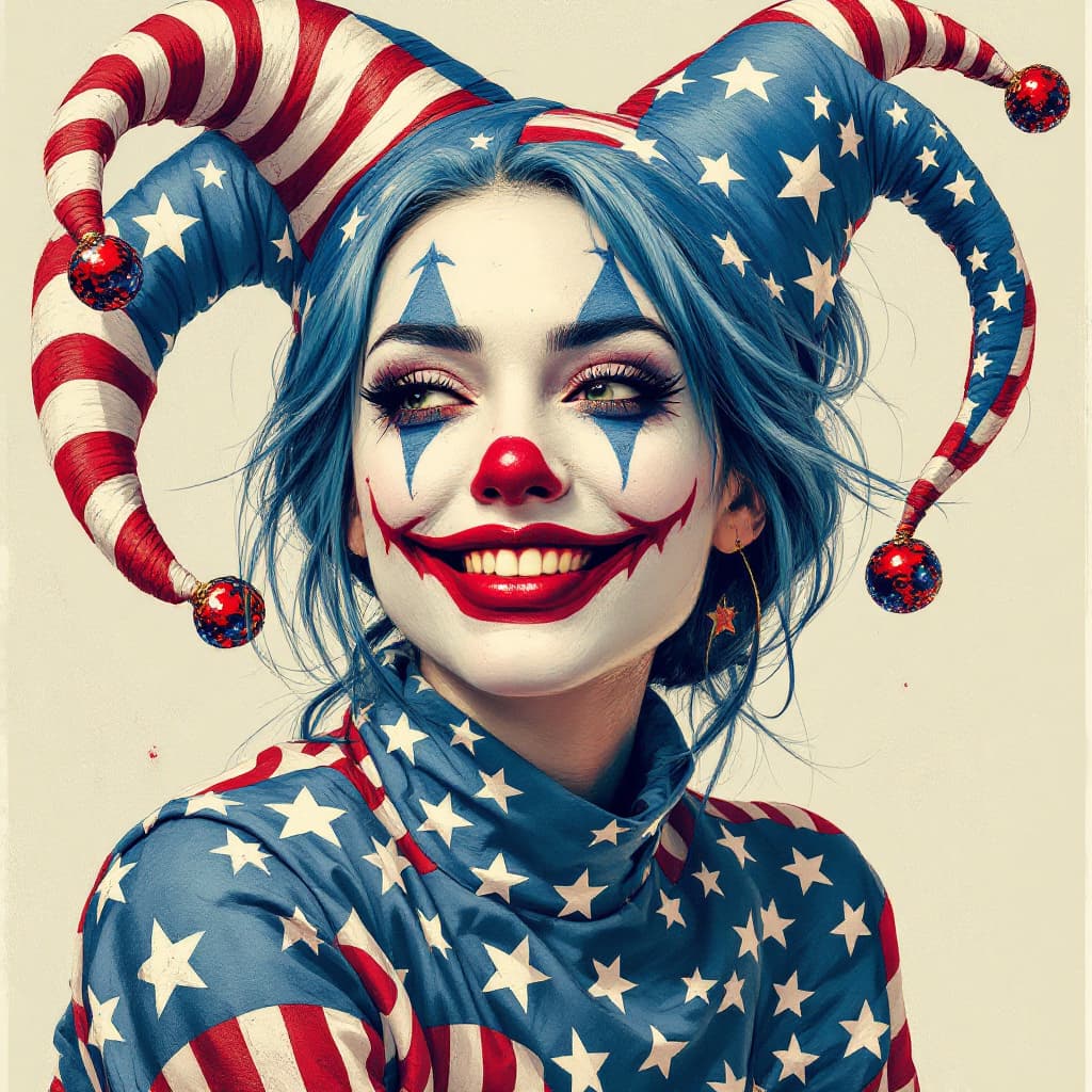 AI generated: A female jester with blue hair, wearing with American flag patterns, in the style of James Jean. add...