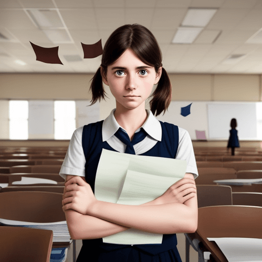 AI generated: an English teacher girl stands with his arms crossed, textbooks and sheets of paper are flying aroun...
