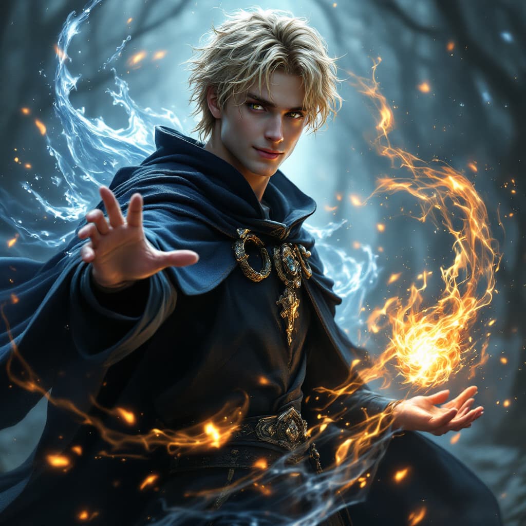AI generated: A stunning, slim male wizard with blond/brunette hair stands poised in a magical dark fantasy realm,...