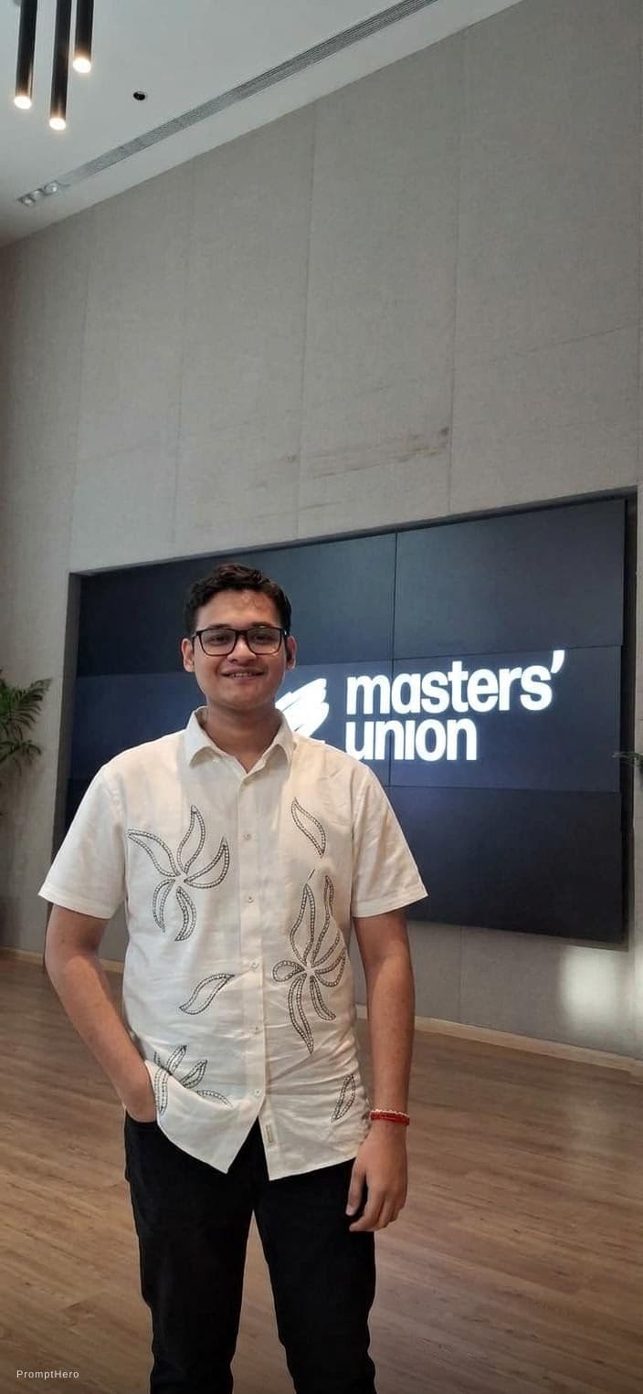 AI generated: I want my photo to be standing ahead of the master's union board. It looks like a real and attractiv...