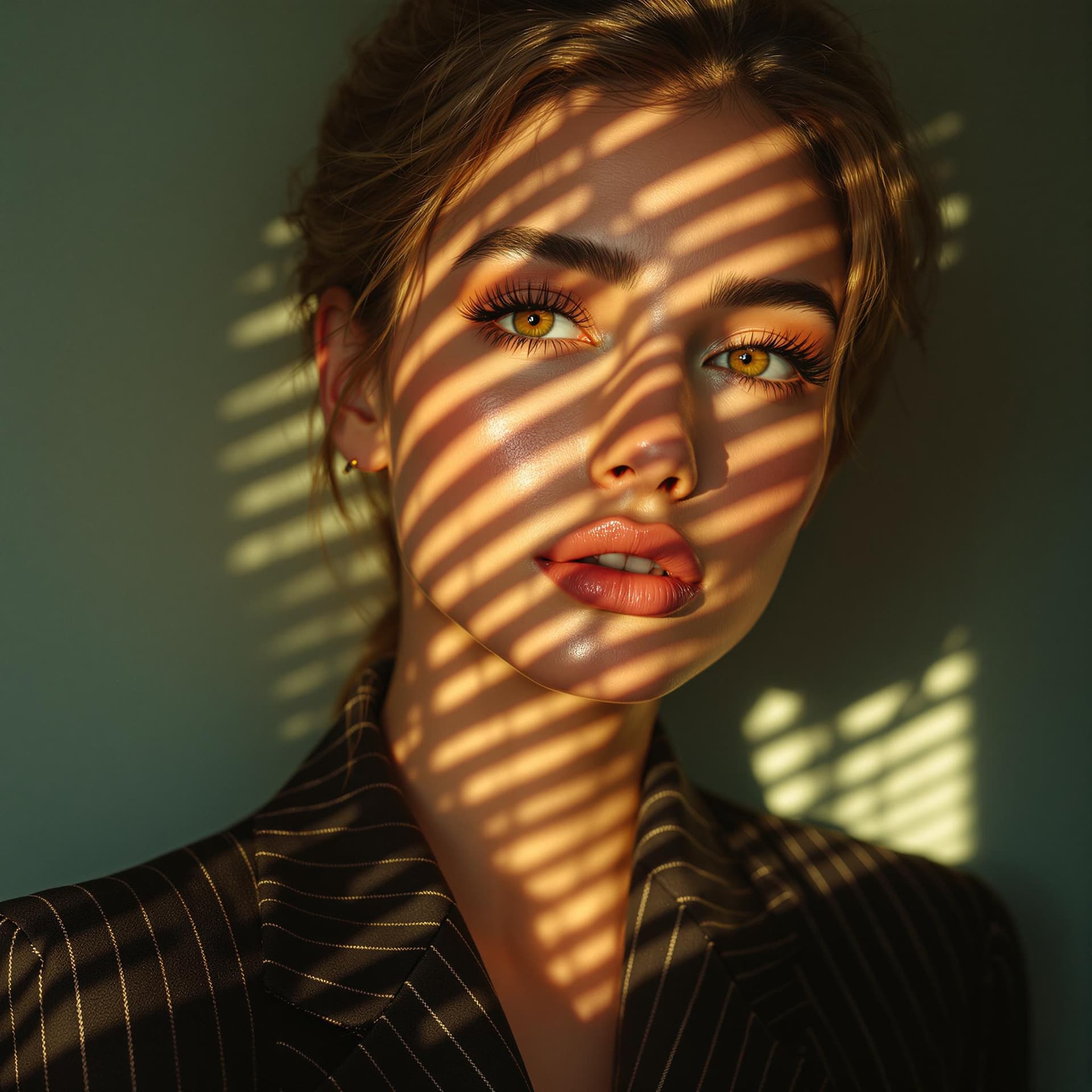 AI generated: A hyperrealistic close-up portrait of a woman bathed in warm, soft afternoon light streaming through...