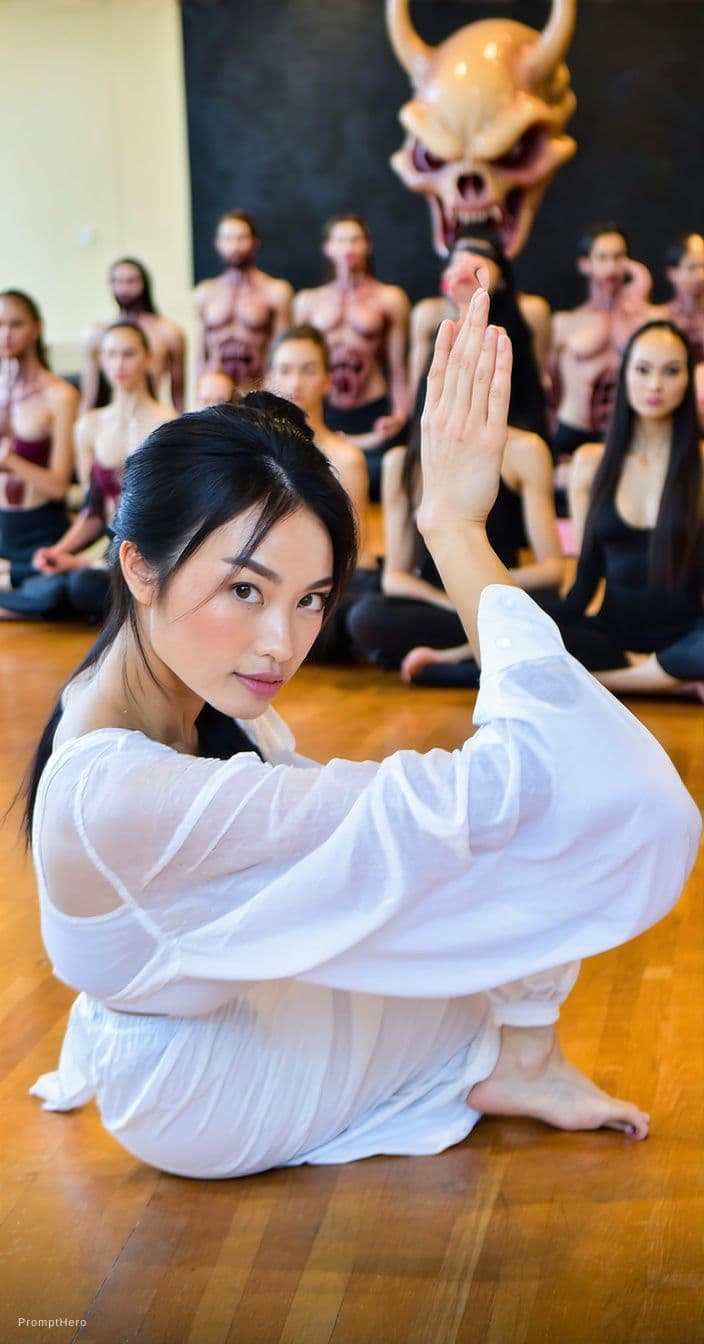 AI generated: a sexy Asian yoga instructor posing in front of a class full of Lovecraftian horrors.
