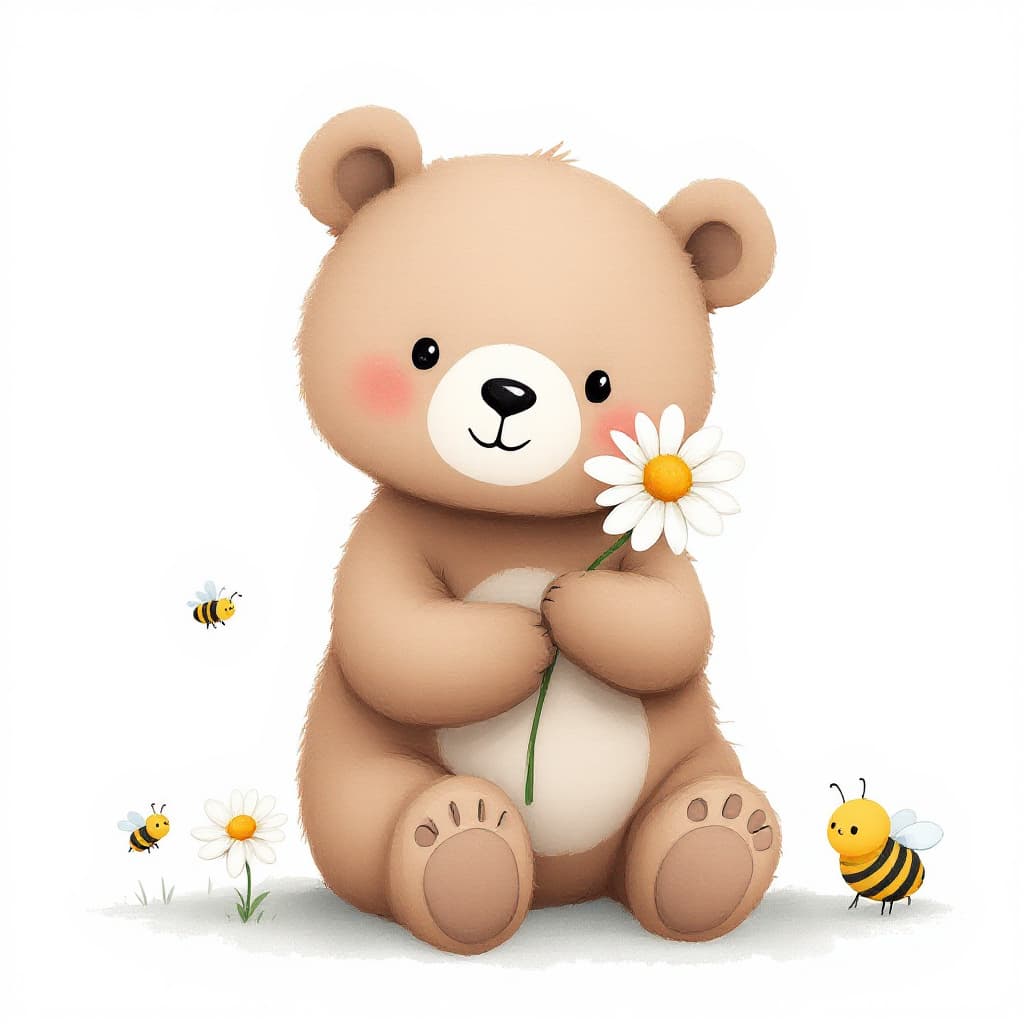 AI generated: 
a minimalist small brown bear sitting on the ground, holding a single white daisy with a yellow cen...