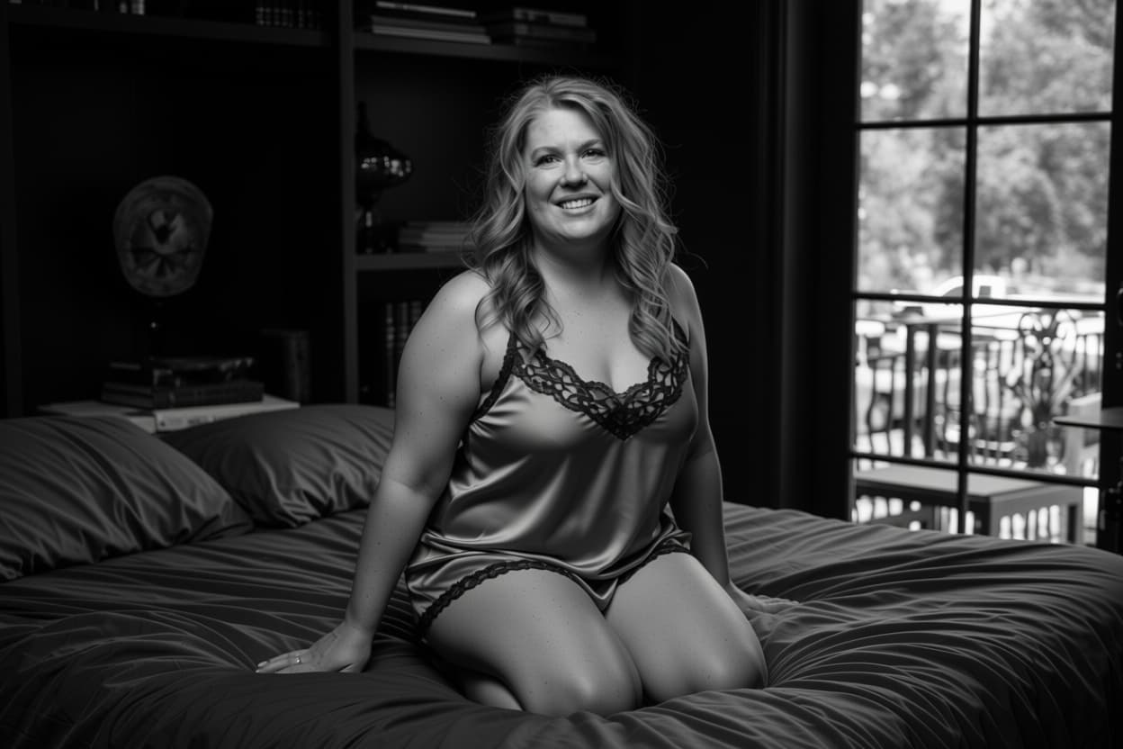 AI generated: Whole body photo of a gorgeous lady wearing skimpy nighties on the bed, seductive smile, daytime, de...