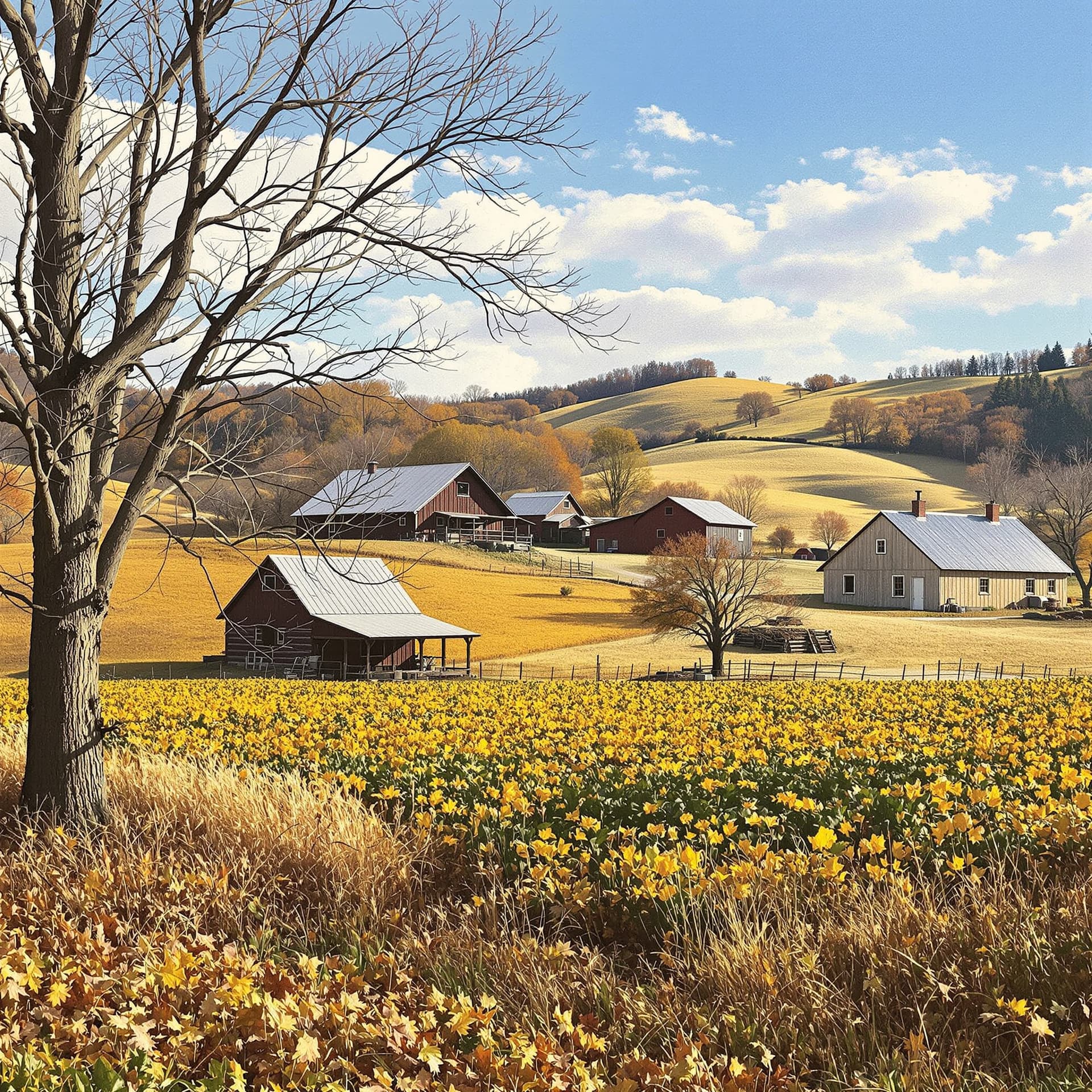 AI generated: A farm in the late fall nestled in the hills its a sunny day with trees without any leaves the day b...