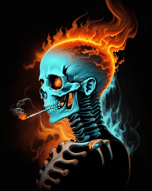 AI generated: a painting of a skeleton smoking a cigarette, digital art, by Dan Mumford, behance contest winner, p...