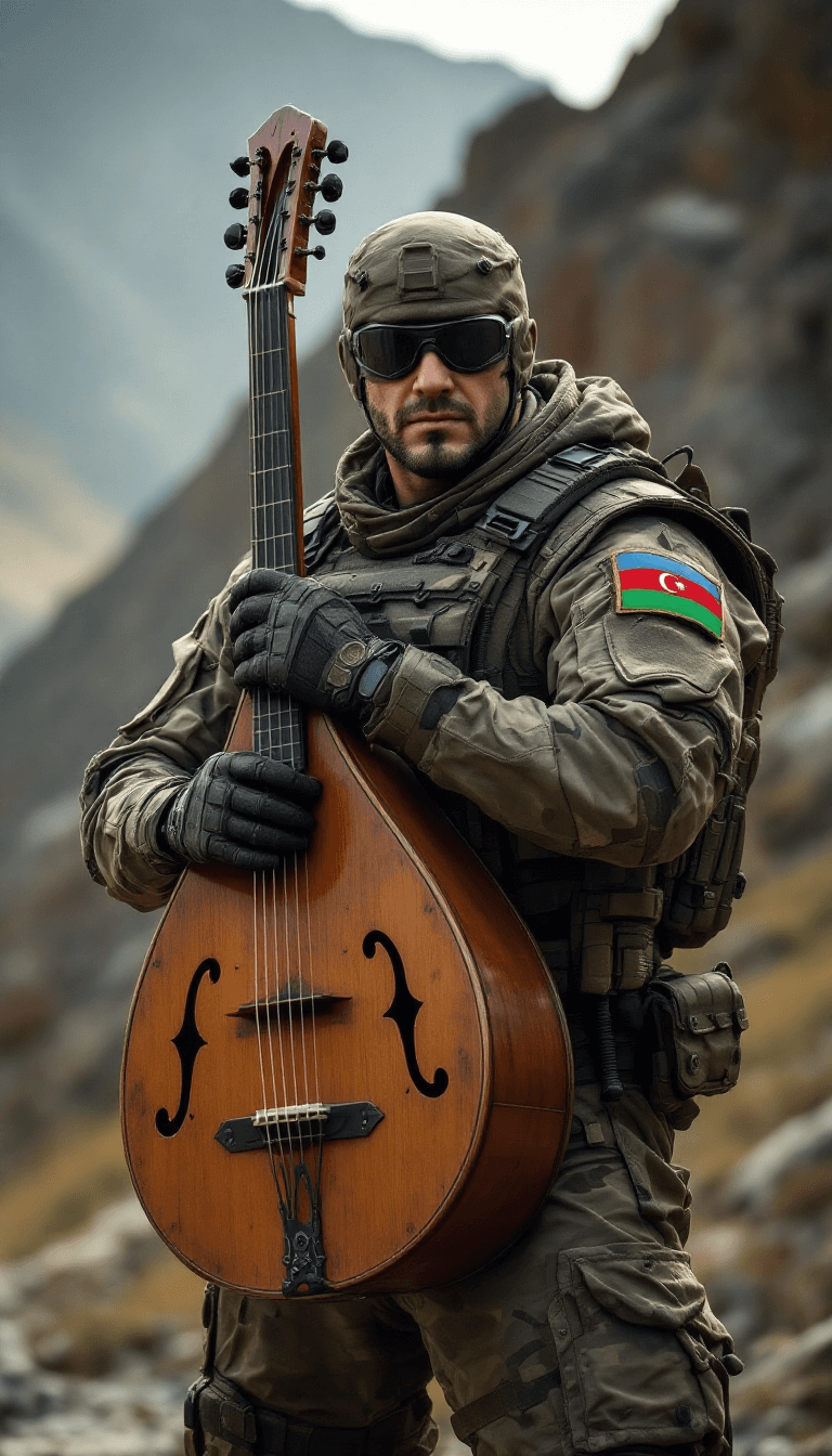 AI generated: /imagine prompt: A fierce, modern Azerbaijani soldier wearing tactical military gear, featuring a ca...