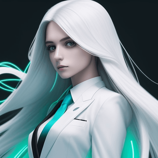 AI generated: a woman with long hair representing the tecnology looking at the camera, wearing a white suit, use n...