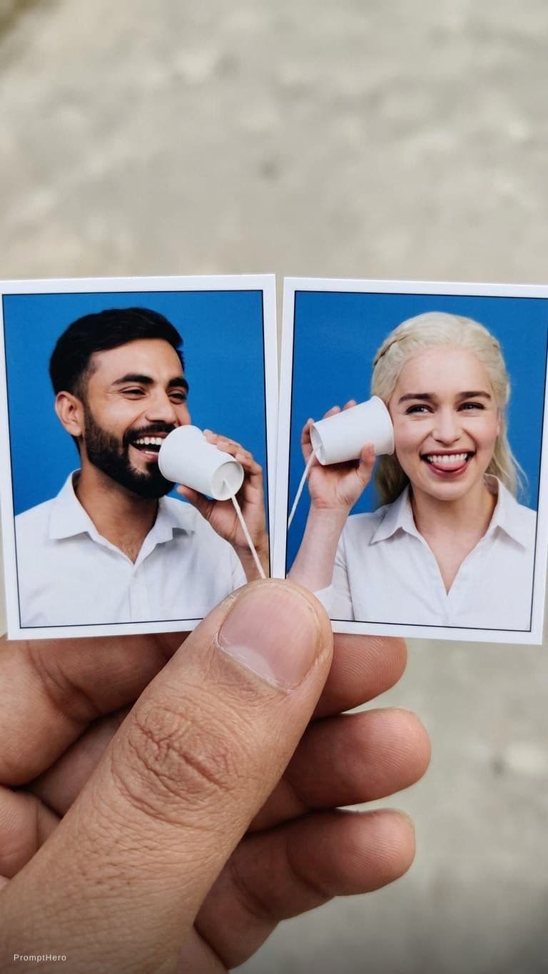 AI generated: Create a Portrait Master Object: Two passport-sized photo prints held side-by-side by a person's thu...