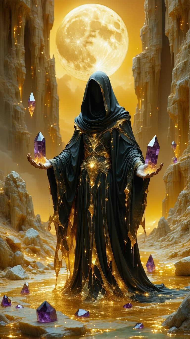 AI generated: 

A regal figure, cloaked in a liquid gold mantle, clutches **four crystalline pentacles**, their fi...