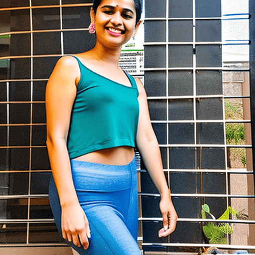 AI generated: Indian college girl wearing a crop top and leggings standing in the bathroom. She has a pixie cut an...