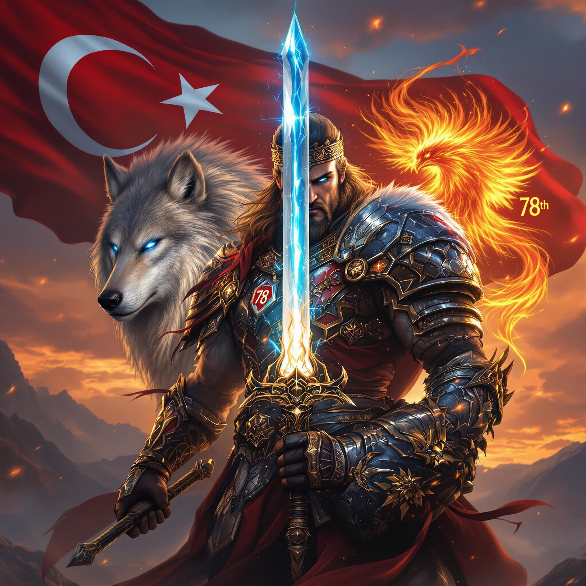 AI generated: A fierce Turkish warrior clad in traditional armor inspired by ancient Turkish mythology, holding a ...