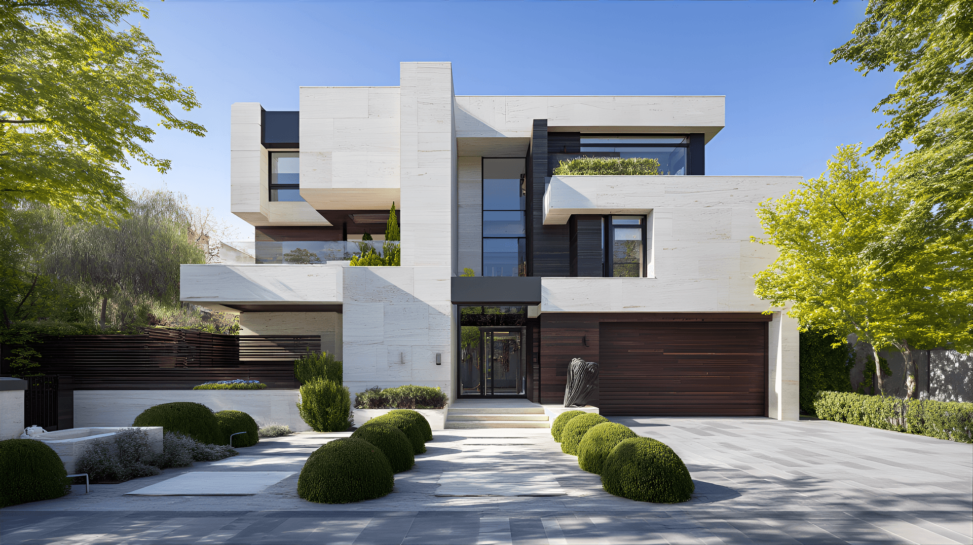 AI generated: Modern, contemporary, multi-story house with geometric design,  light-toned marble and dark wood acc...