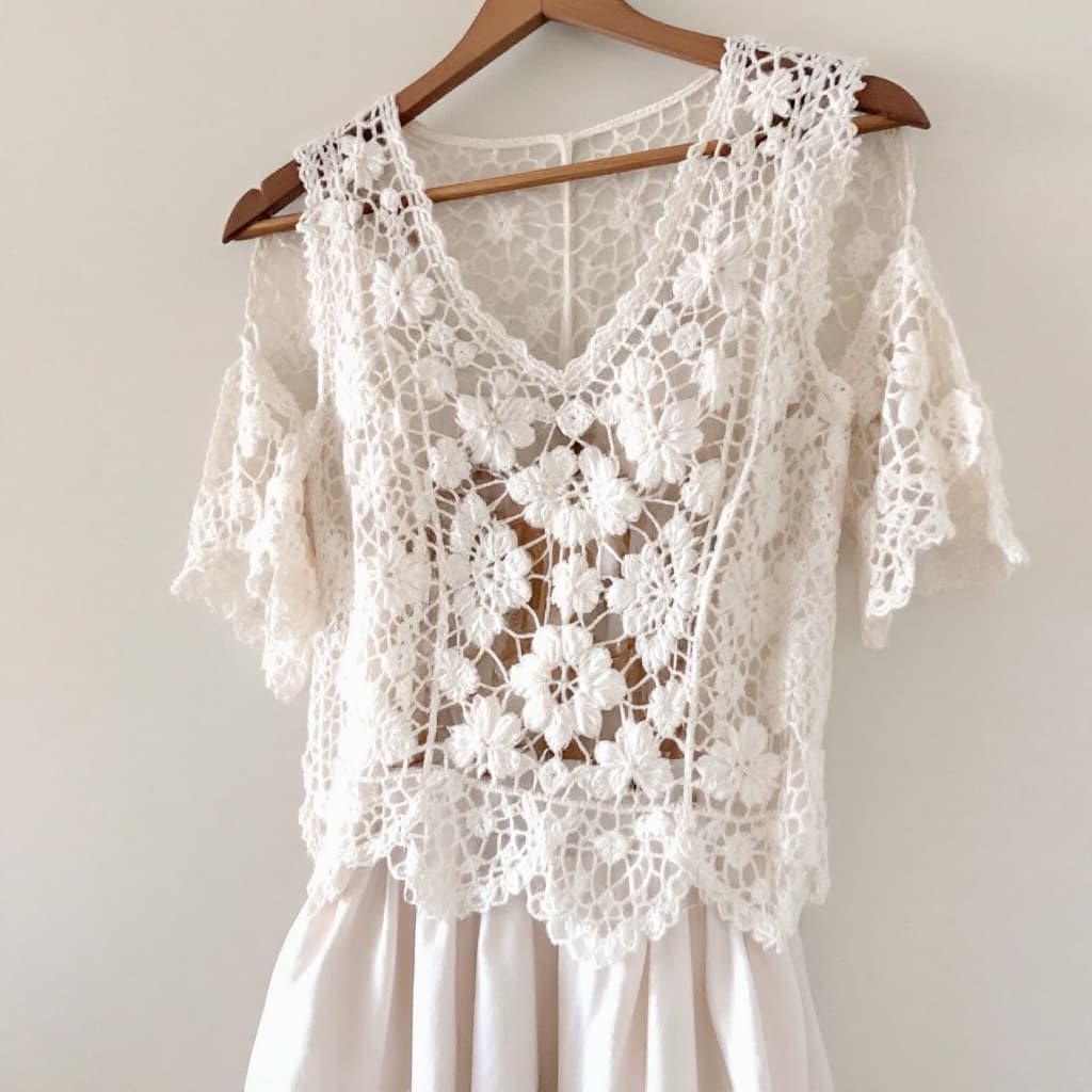 AI generated: "An elegant crochet outfit, showcasing intricate patterns and detailed craftsmanship. The ensemble f...