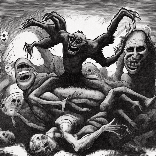 AI generated: A man on his back watching his nightmares  and fears materialize in front of him, showing horrors an...