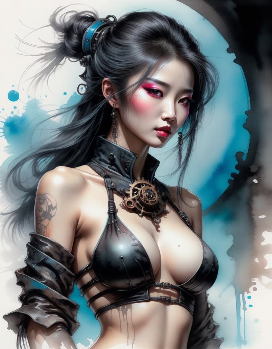 AI generated: psychedelic, steampunk, cyberpunk, neon, sumi-e, traditional chinese ink art, of a beautiful korean ...